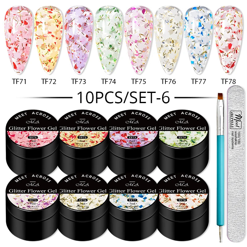 10Pcs Glitter Dried Flower Gel Nail Polish Set – UV LED Nail Art Gel, Base & Top Coat, Semi-Permanent Manicure Kit