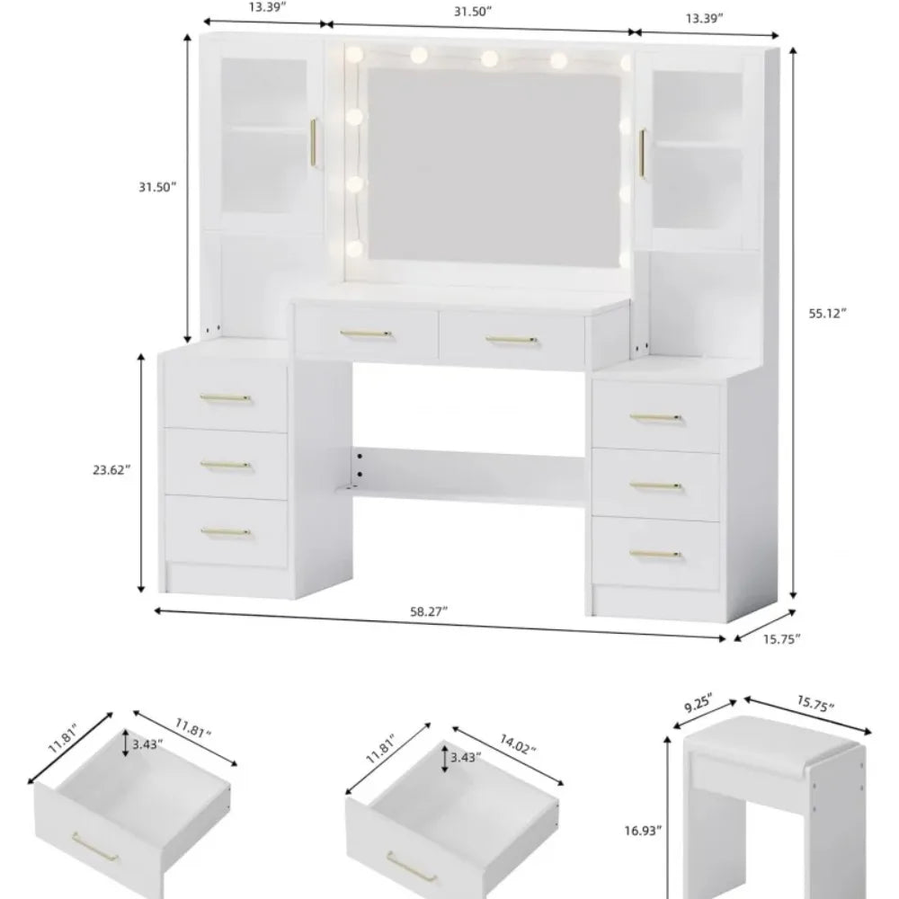 58.3" Makeup Vanity Desk with Lighted Mirror – 10 LED Lights, 8 Sliding Metal Drawers & 2 Cabinets, White Vanity Set