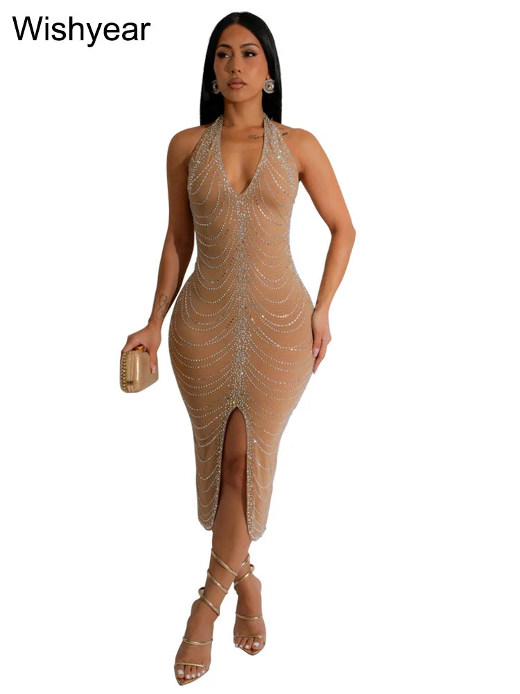 New Sexy Diamonds Halter Black Party Bodycon Midi Dress