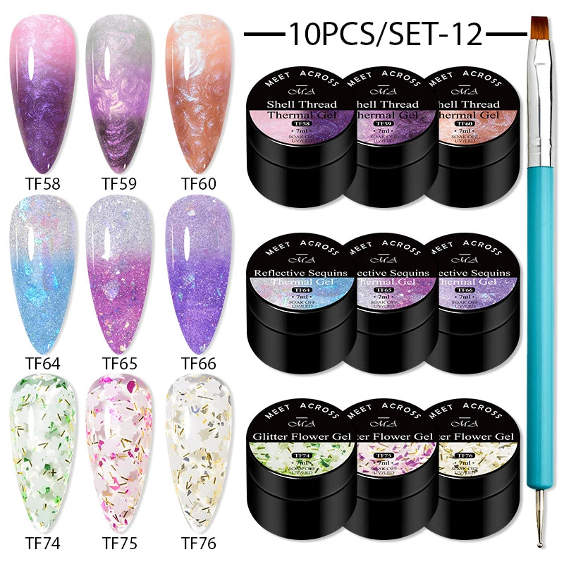 10Pcs Glitter Dried Flower Gel Nail Polish Set – UV LED Nail Art Gel, Base & Top Coat, Semi-Permanent Manicure Kit