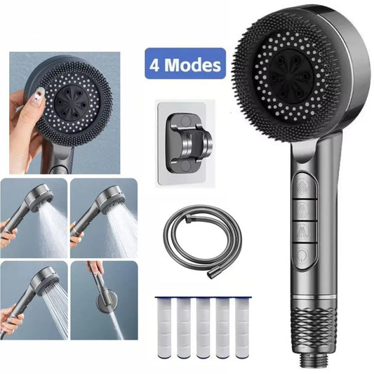 4 Modes High-Pressure Shower Head – One-Key Stop Water Massage Showerhead with Filter Element