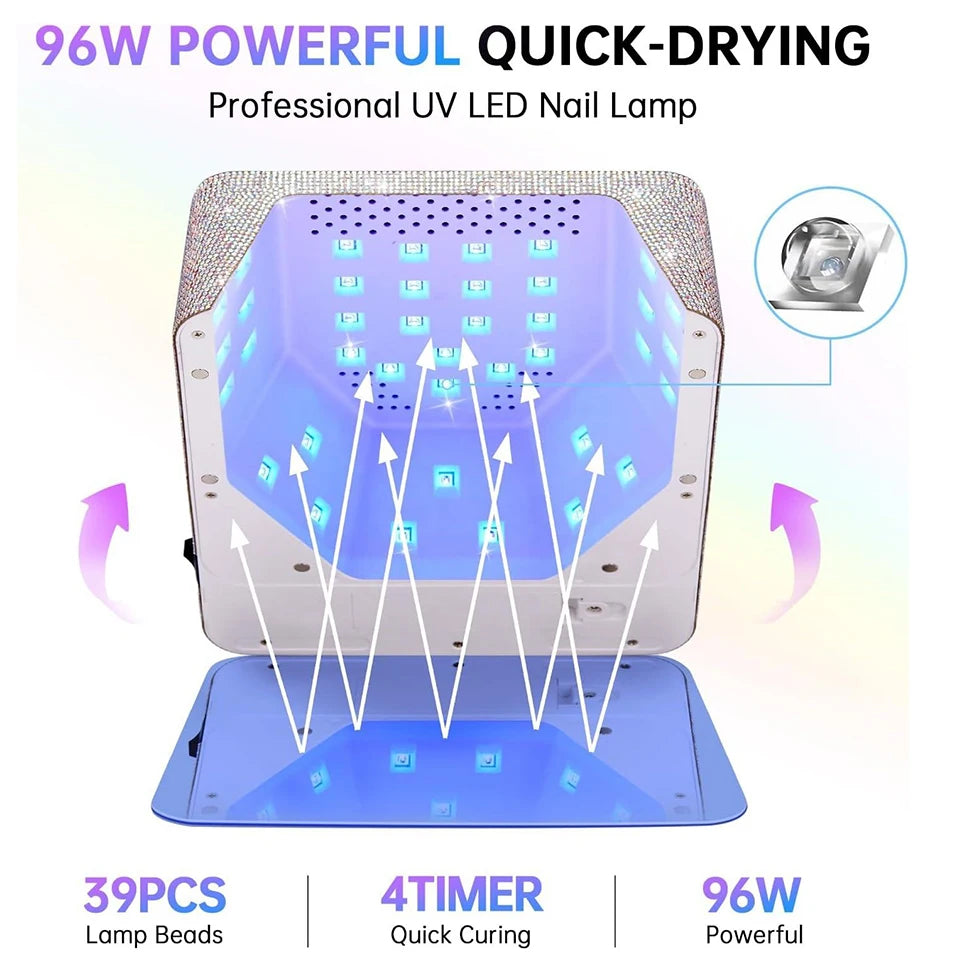 Pro 96W UV LED Nail Lamp Rechargeable with Display & Rhinestone Gel Polish Quick Drying Curing Light