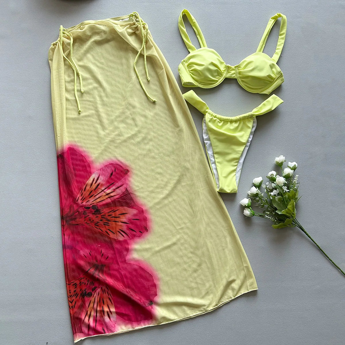 3-Piece Women's Swimsuit Set – Bikini, Cover-Up, and Long Dress for Beach & Poolside Glam