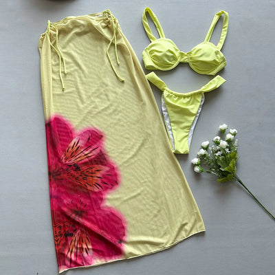 3-Piece Women's Swimsuit Set – Bikini, Cover-Up, and Long Dress for Beach & Poolside Glam