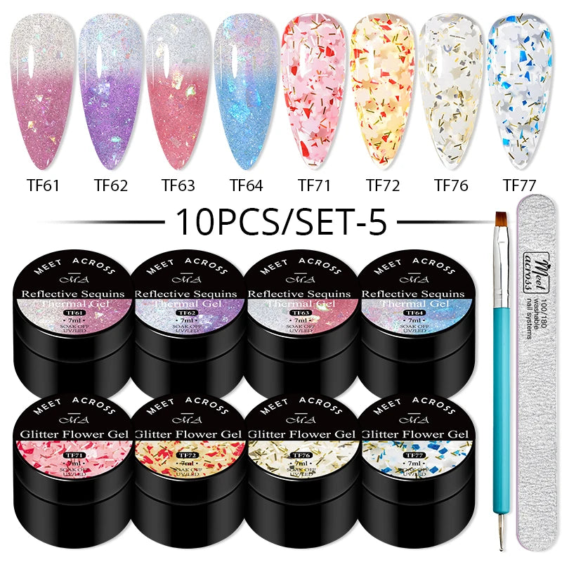 10Pcs Glitter Dried Flower Gel Nail Polish Set – UV LED Nail Art Gel, Base & Top Coat, Semi-Permanent Manicure Kit