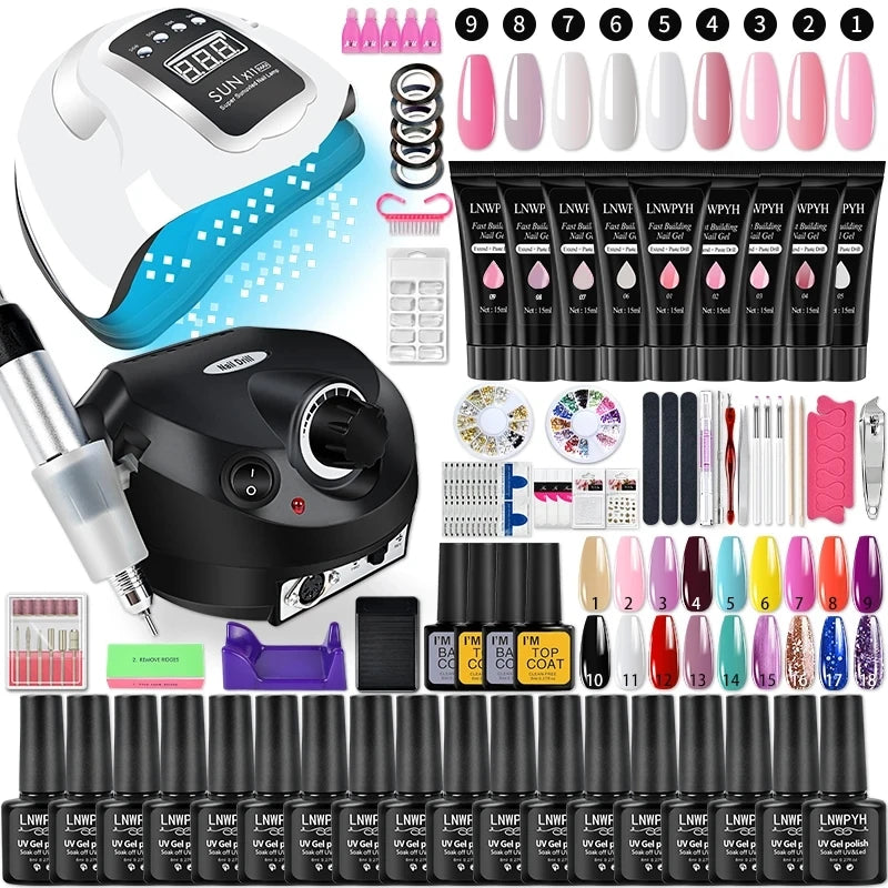 Gel Nail Polish Set Poly Nail Gel Kit with Nail Lamp – Semi-Permanent Varnish & Professional Manicure Tools