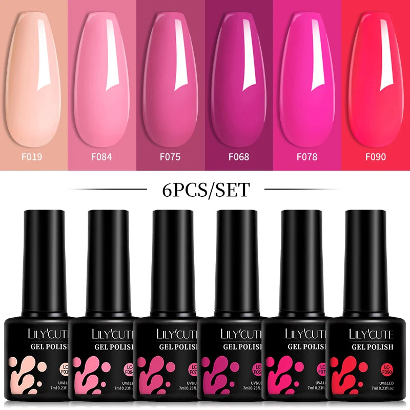 LILYCUTE 6Pcs 7ML Gel Nail Polish Set - Bright Pink UV LED Soak Off Varnish