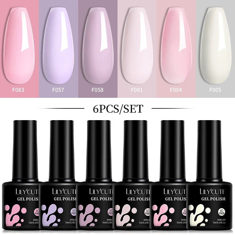 LILYCUTE 6Pcs 7ML Gel Nail Polish Set - Bright Pink UV LED Soak Off Varnish