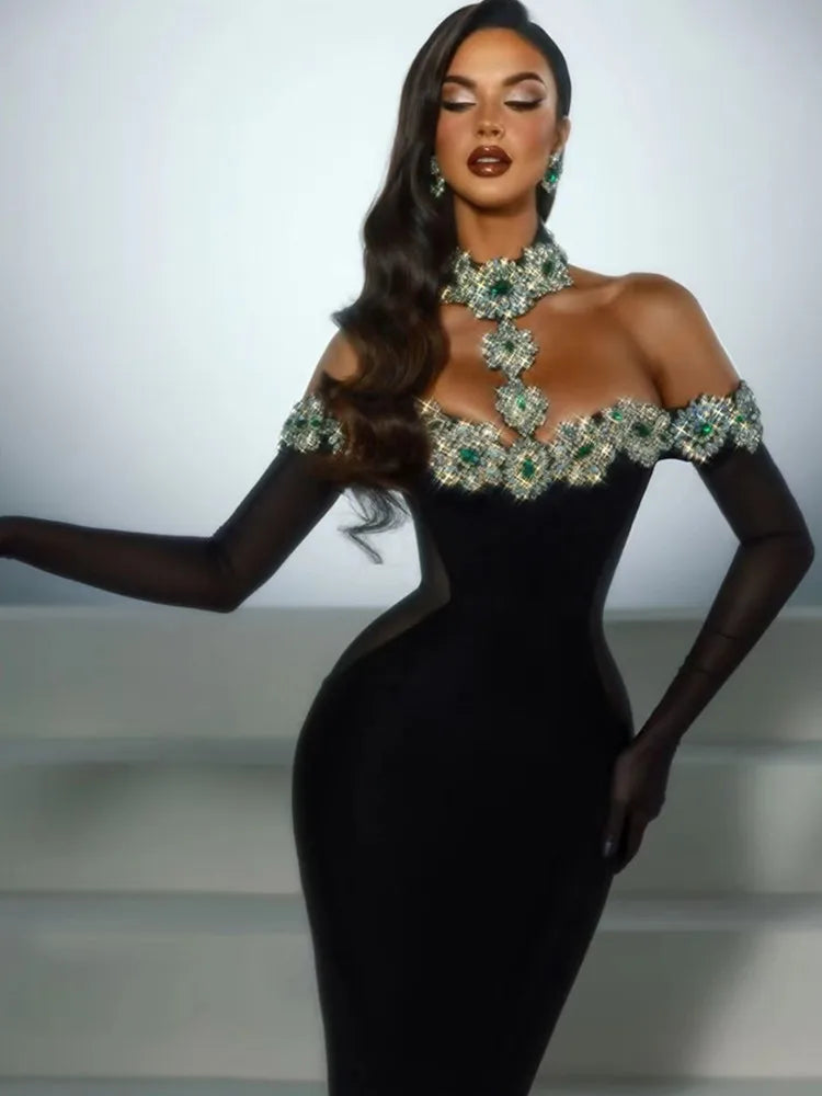 Summer Glam Bandage Dress – Sexy Crystal-Embellished Black Maxi for Celebrities & Night Out!