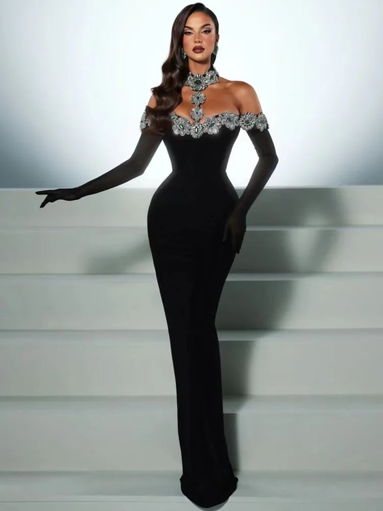 Summer Glam Bandage Dress – Sexy Crystal-Embellished Black Maxi for Celebrities & Night Out!