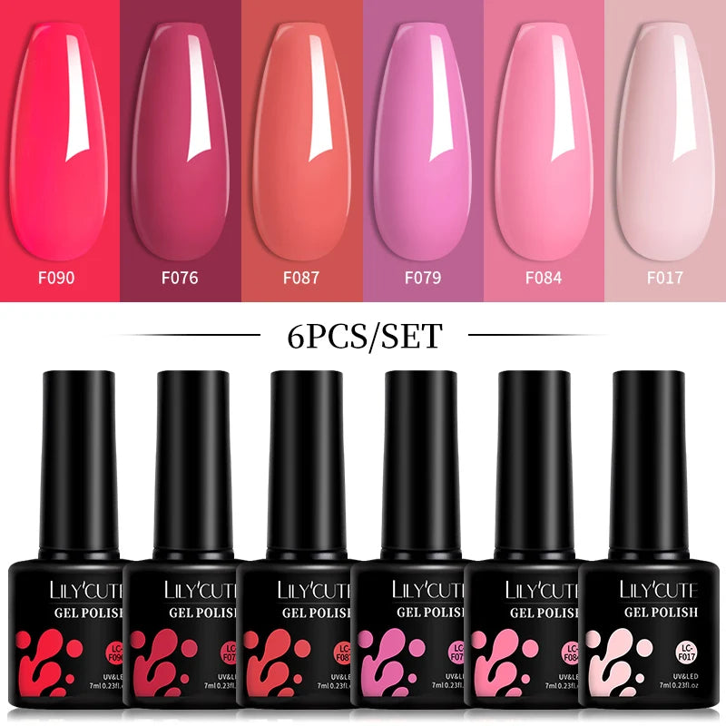 LILYCUTE 6Pcs 7ML Gel Nail Polish Set - Bright Pink UV LED Soak Off Varnish